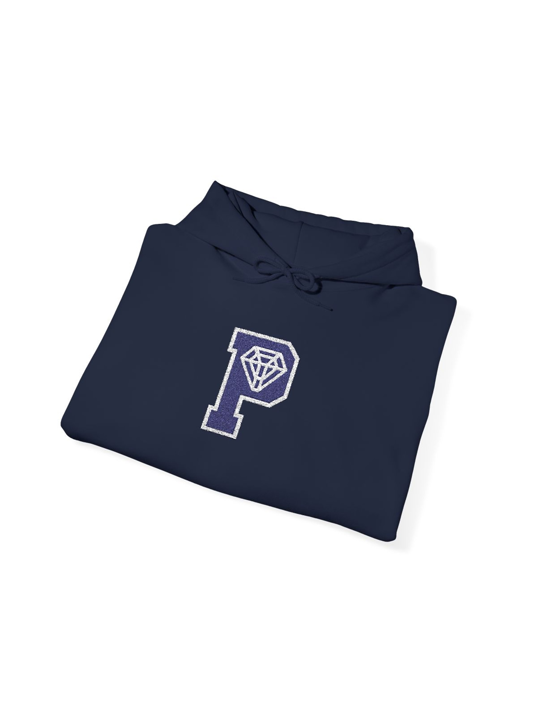 Varsity P Hoodie Navy folded product mockup