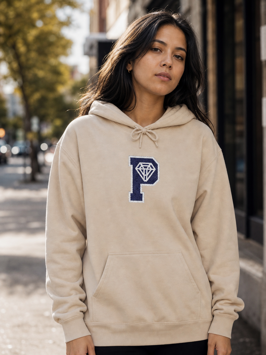 Varsity P Hoodie in Sand front editorial lifestyle photo